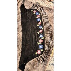 SHAWL BIKINI COVER UP FRINGE SHEER BLACK BEADS HAND PAINTED SCARF SURFACE VTG